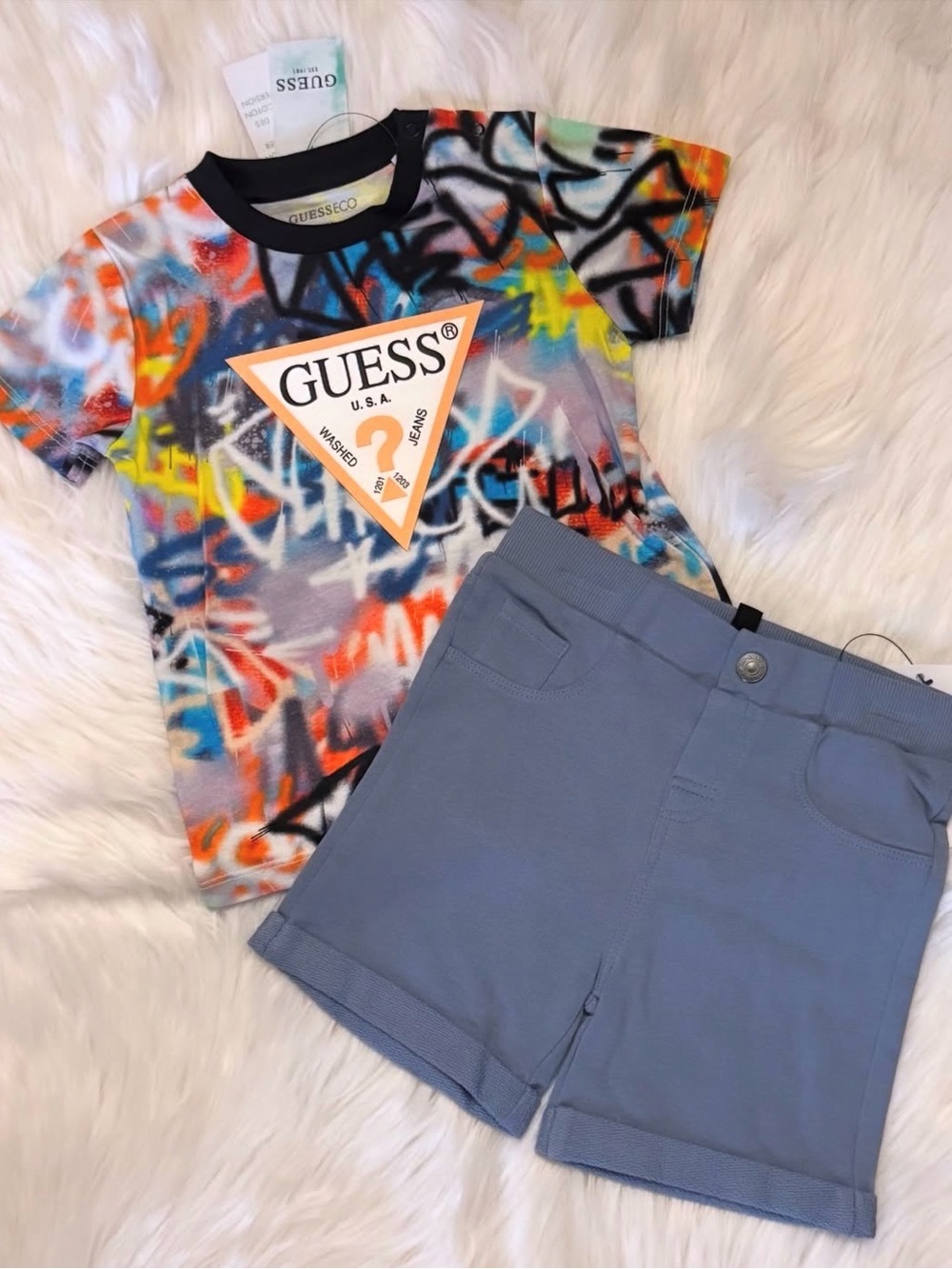 GUESS Kids' Graffiti Logo Tee - Black Trim, Multicolor Print